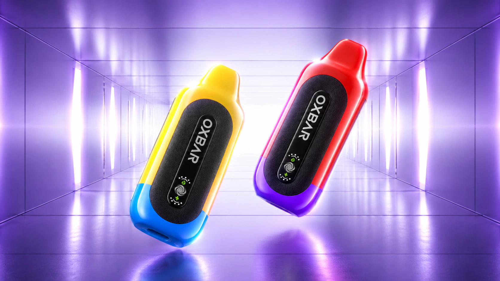 Yellow-and-blue and red-and-purple Go Slim devices in a luminous battery corridor