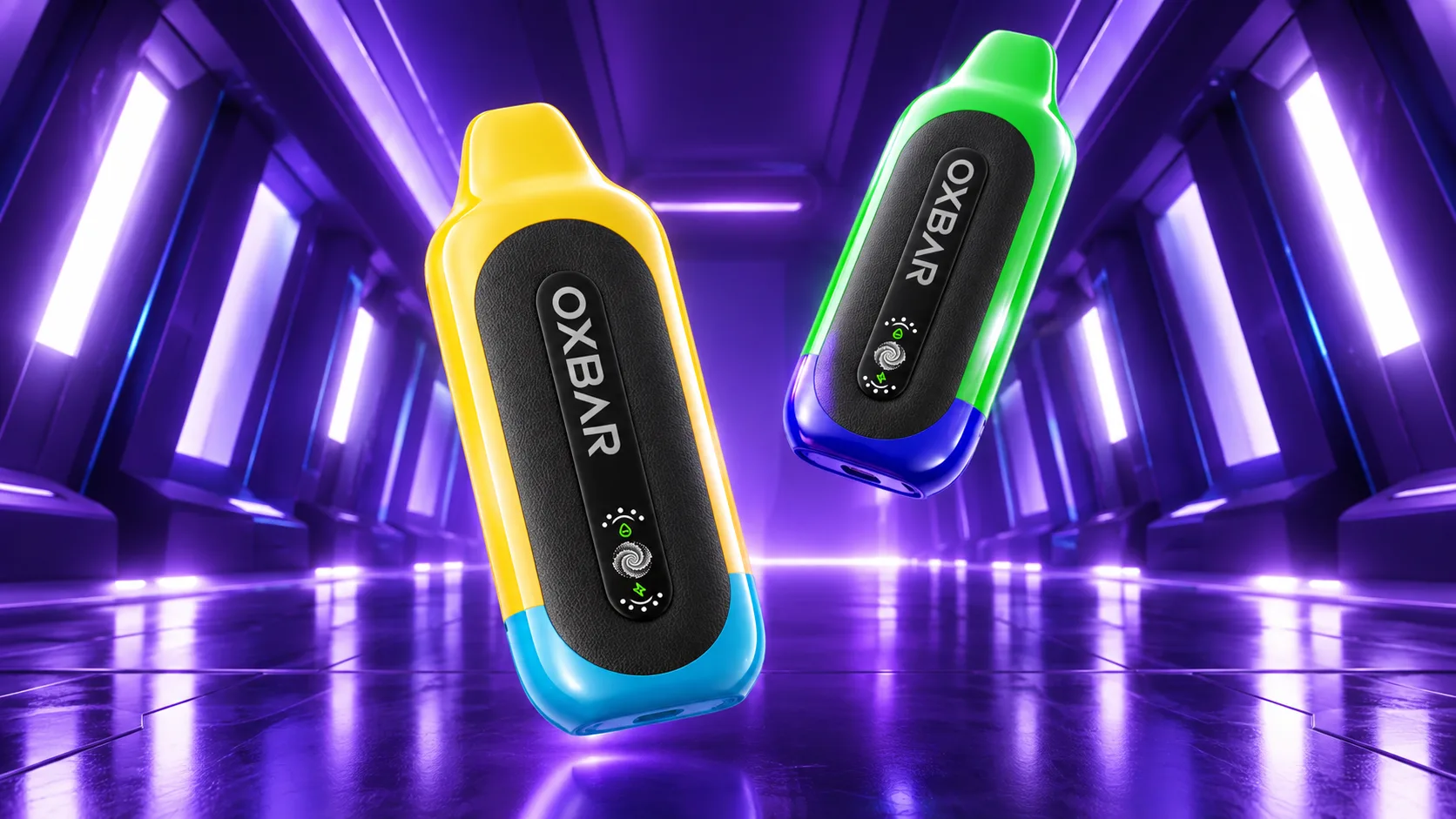 Yellow, blue, green, and purple Go Slim devices in a luminous corridor