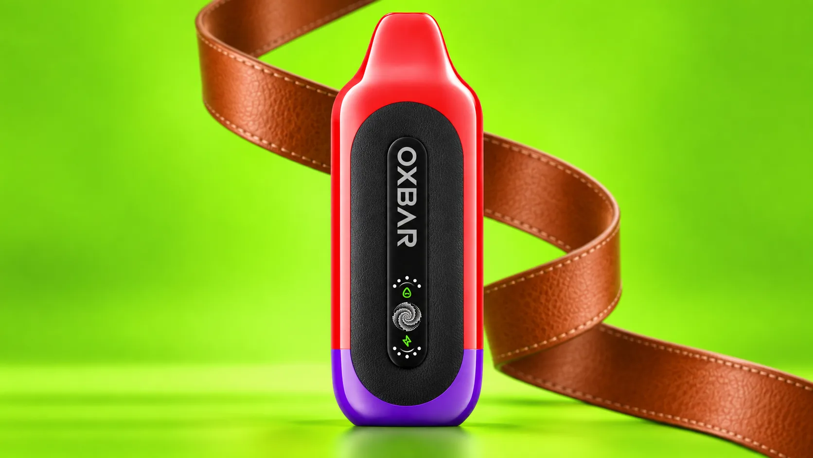 Go Slim device standing in front of a separated leather ribbon